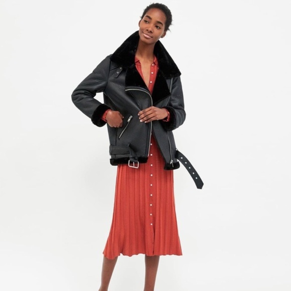 NWT. Zara Faux Fur Leather Double Faced Moto Biker Jacket Women’s-XL.